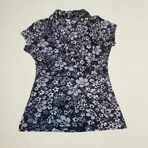 Black floral mesh v neck shirt, whimsigoth boho chic alternative office siren